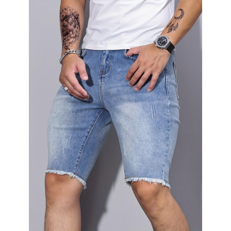 Slim Fit Ripped Denim Shorts, Men's Casual Street Style Medium Stretch Ripped Denim Shorts, Summer