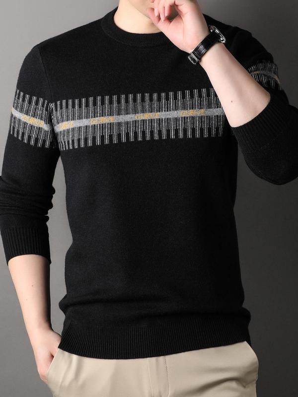 Men's Striped Embroidery Round Neck Sweater, Casual Regular Fit Long Sleeve  Jumper for Fall & Winter, Fashion Men's Knitwear for Daily Wear