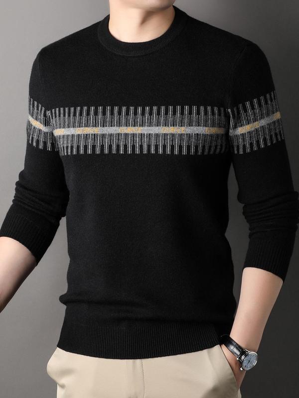 Men's Striped Embroidery Round Neck Sweater, Casual Regular Fit Long Sleeve  Jumper for Fall & Winter, Fashion Men's Knitwear for Daily Wear