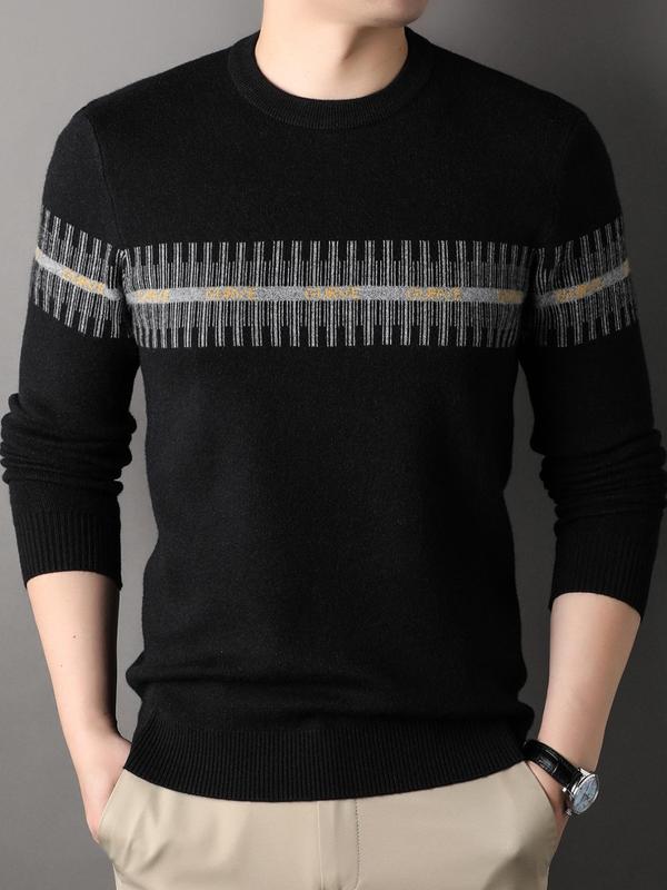 Men's Striped Embroidery Round Neck Sweater, Casual Regular Fit Long Sleeve  Jumper for Fall & Winter, Fashion Men's Knitwear for Daily Wear