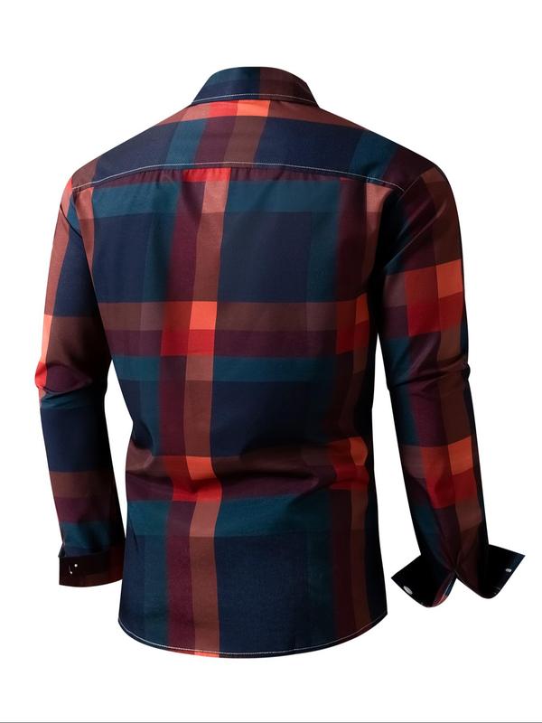 Men's Plaid Print Button Front Shirt, Casual Regular Fit Long Sleeve Collared Top for Fall & Winter, Men's Clothes for Daily Wear