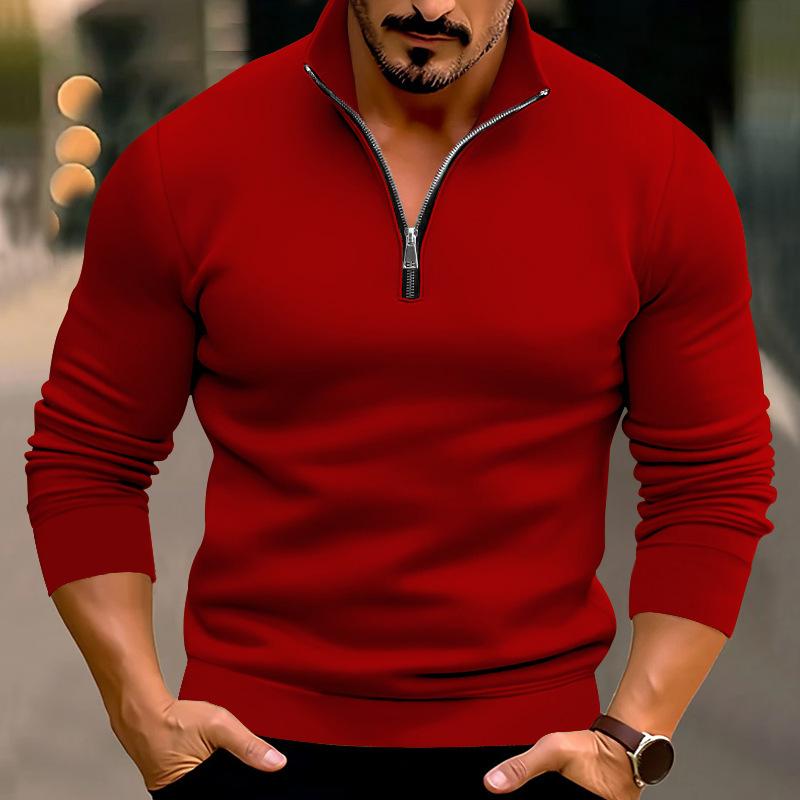 New Men's Casual Solid Color Long Sleeve Half Zipped Stand Collar T-shirt Top Men's Fashion Casual Hot Style