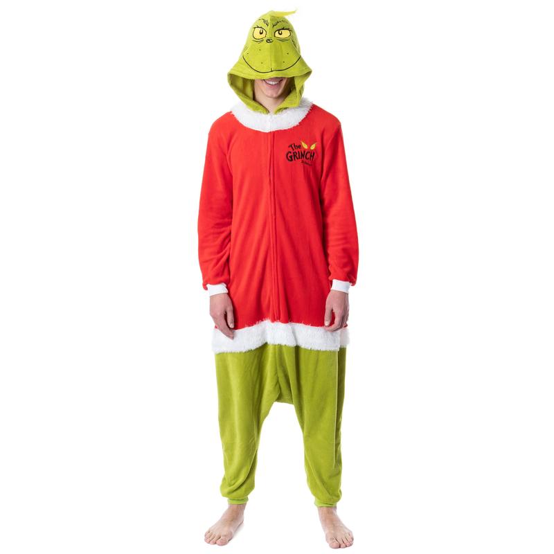 Mens' The Grinch Santa Hooded Costume Union Suit One-Piece Pajama