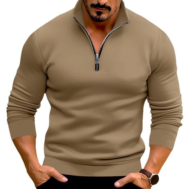 New Men's Casual Solid Color Long Sleeve Half Zipped Stand Collar T-shirt Top Men's Fashion Casual Hot Style