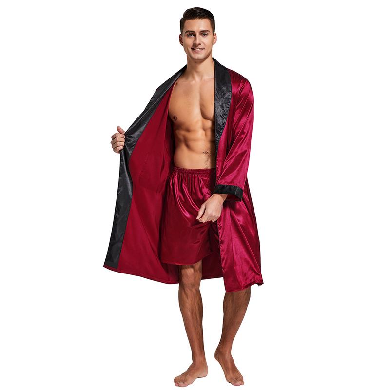 Tony & Candice Men's Satin Robe Lightweight Long Sleeve Silk Kimono Bathrobe with Shorts Set Sleepwear