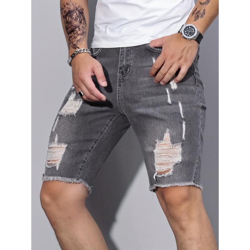 Slim Fit Ripped Denim Shorts, Men's Casual Street Style Medium Stretch Ripped Denim Shorts, Summer