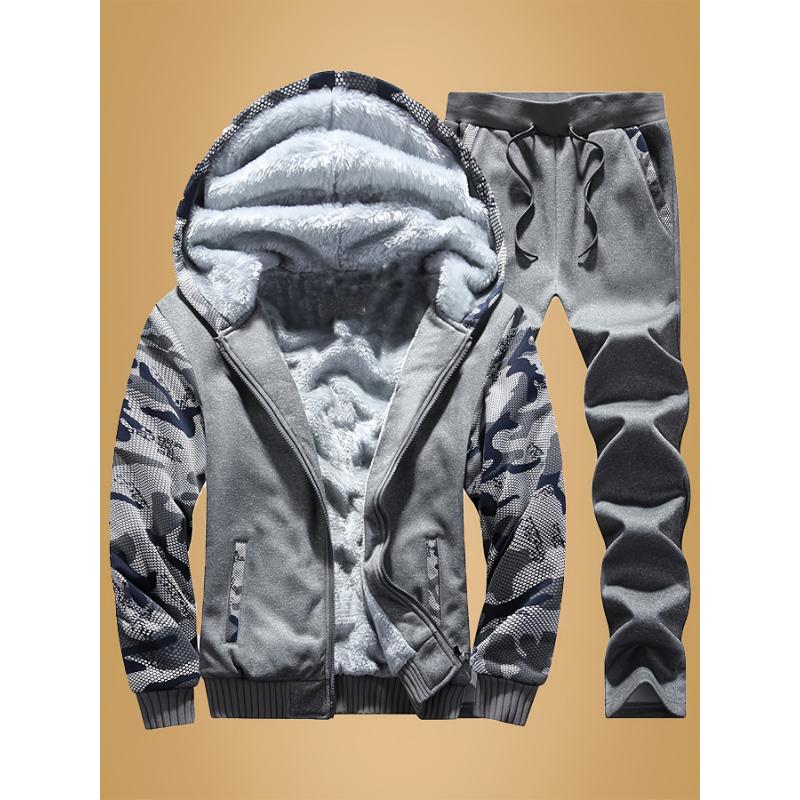 1set Men'S Preppy Casual Outdoor Hooded Jacket and Pants Set - Polyester Knit Fabric, Non-Stretch, Regular Fit, Long Sleeve, Zipper Placket, Pocket Details, for Hiking & Outdoor Activities, Fall Winter Season