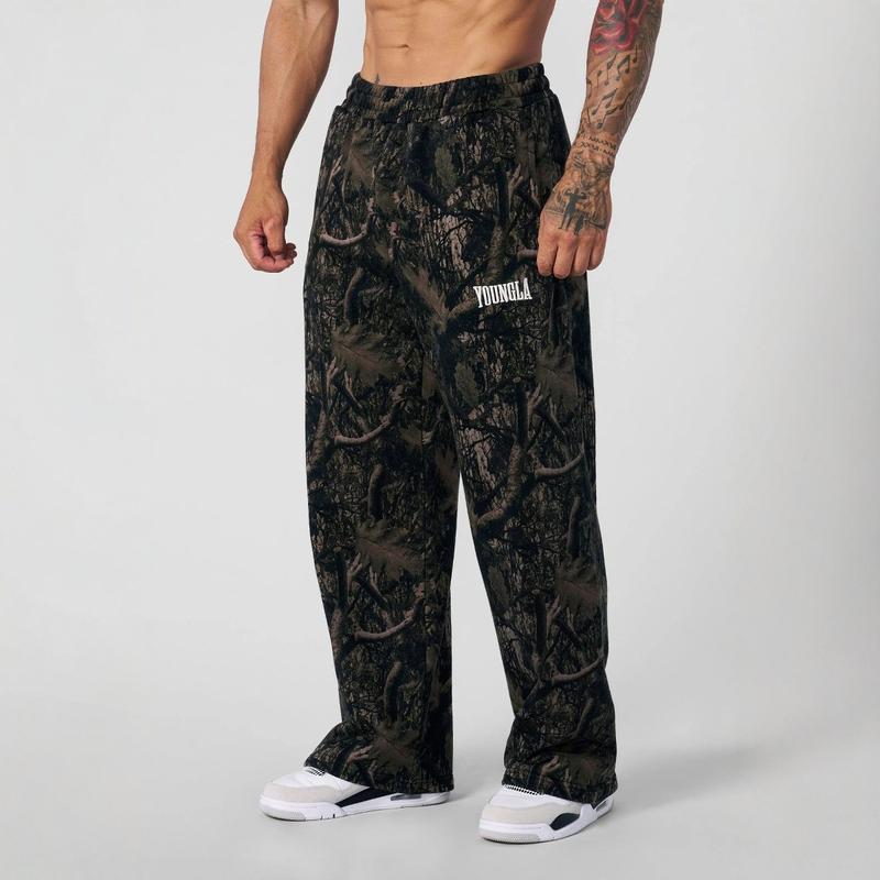 YOUNGLA new casual pants men's digital camouflage printing straight trousers sports fitness loose wide-leg trousers navy blue women Menswear Pocket