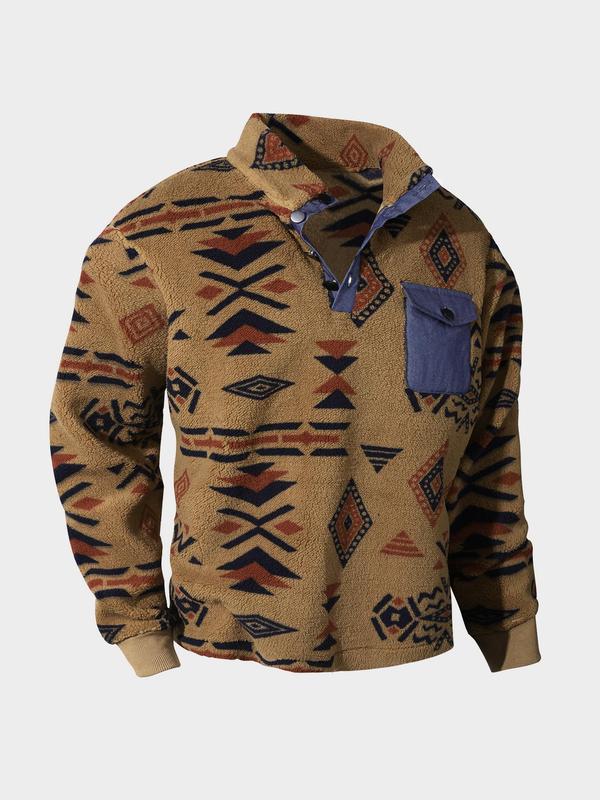 Men's Ethnic Pattern Half Button Flap Pocket Polar Fleece Sweatshirt, Loose Casual Long Sleeve Stand Collar Pullover for Fall & Winter, Men's Clothes for Daily Wear, Boyfriend Gifts