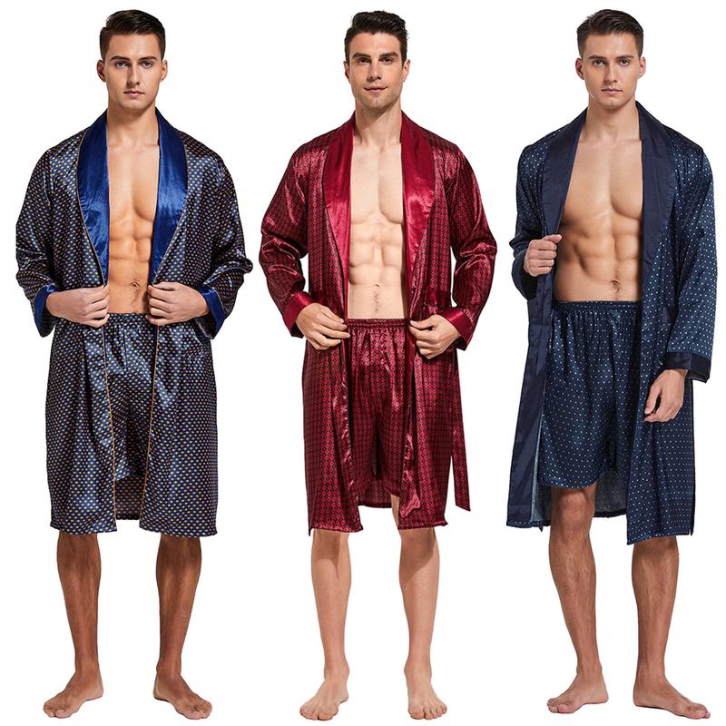 Tony & Candice Men's Satin Robe Lightweight Long Sleeve Silk Kimono Bathrobe with Shorts Set Sleepwear