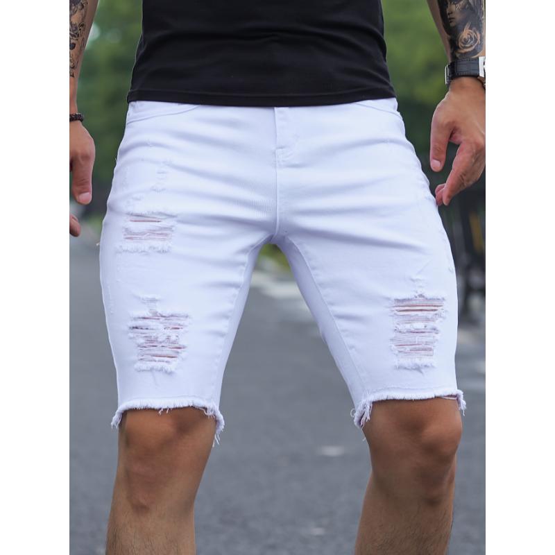 Slim Fit Ripped Denim Shorts, Men's Casual Street Style Medium Stretch Ripped Denim Shorts, Summer