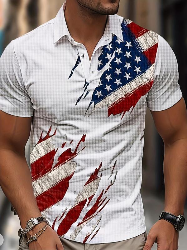 Men's Regular Fit American Flag Print Polo Shirt, Casual Short Sleeve Button Top for Summer, Fashion Men's Clothes for Daily Wear