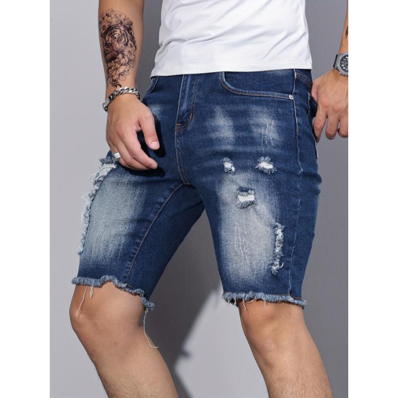 Slim Fit Ripped Denim Shorts, Men's Casual Street Style Medium Stretch Ripped Denim Shorts, Summer