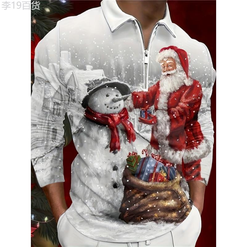 Unique Anime Graphic Print Santa Claus and Snowman Novelty Polo Shirt - Men's Long Sleeve Zipper Lapel Shirt for Spring and Fall, Perfect Christmas Gift Idea Fabric Menswear Fabric Menswear Top Collar Polyester Stretch