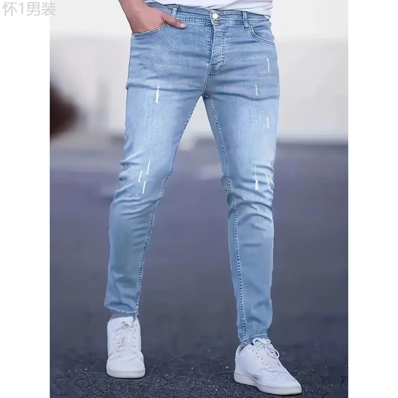 Light Ankle-Length Slim Fit Denim Jeans, Men's Casual Slightly Stretch Fashion Street Wear For Everyday Outfits Menswear Polyester