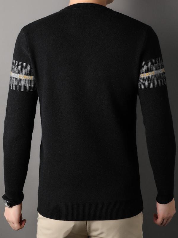 Men's Striped Embroidery Round Neck Sweater, Casual Regular Fit Long Sleeve  Jumper for Fall & Winter, Fashion Men's Knitwear for Daily Wear