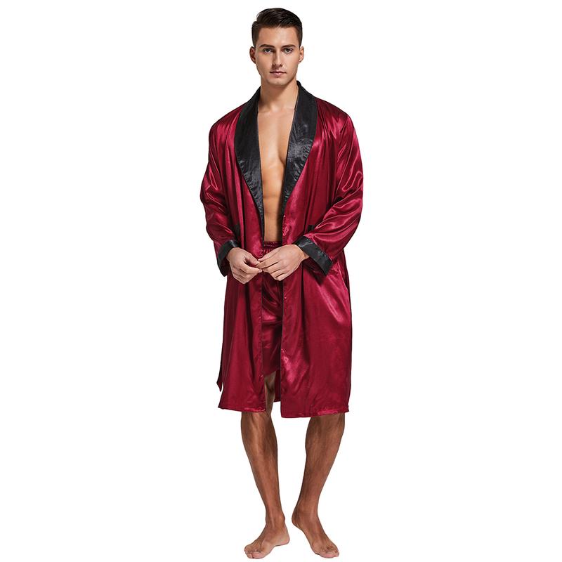 Tony & Candice Men's Satin Robe Lightweight Long Sleeve Silk Kimono Bathrobe with Shorts Set Sleepwear