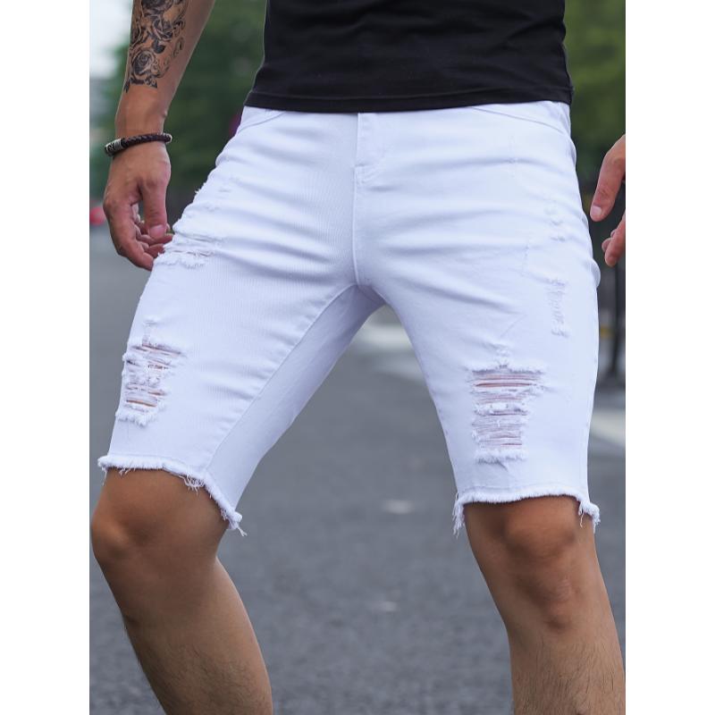 Slim Fit Ripped Denim Shorts, Men's Casual Street Style Medium Stretch Ripped Denim Shorts, Summer