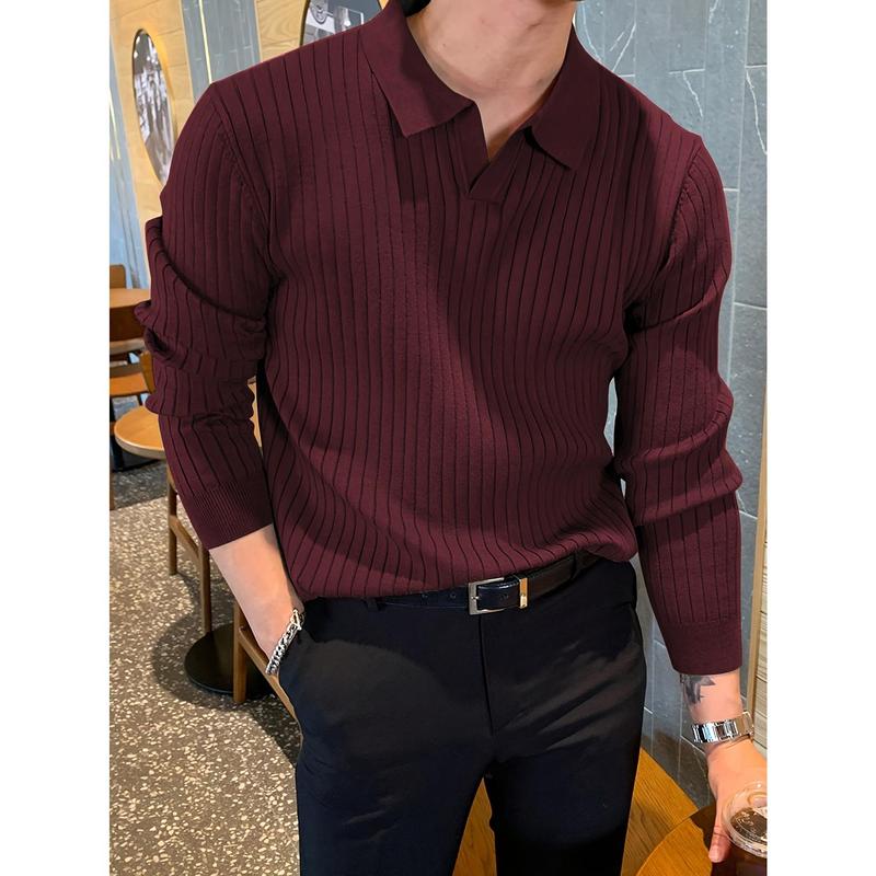 Chic Knit Shirt, Men's Casual Stylish Lapel Middle Stretch V-Neck Pullover Sweater For Winter Autumn Collar Fabric