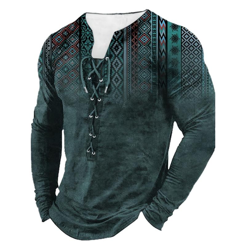 Bohemian Style Pattern Men's Vintage Long Sleeve Henley Tee, Spring Fall, Gift For Men