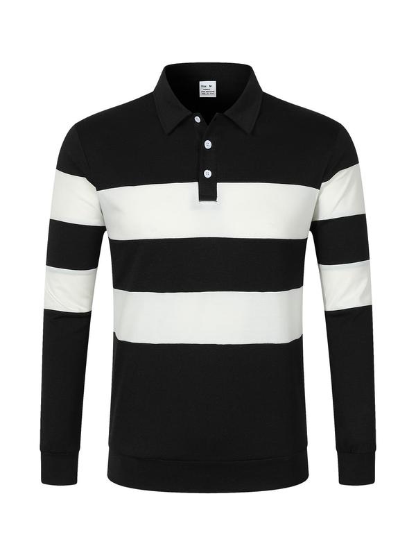 Men's Striped Print Button Front Polo Shirt, Regular Fit Casual Long Sleeve Top for Fall & Winter, Men's Clothes for Daily Wear