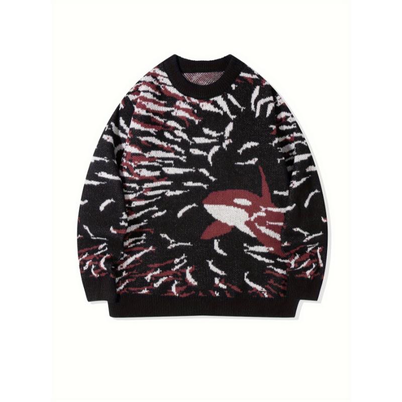 Men's Fish & Whale Pattern Knit Sweater For Autumn And Winter - Versatile Trendy Long Sleeve Knitted Pullover As Gift, Outdoor Cloth