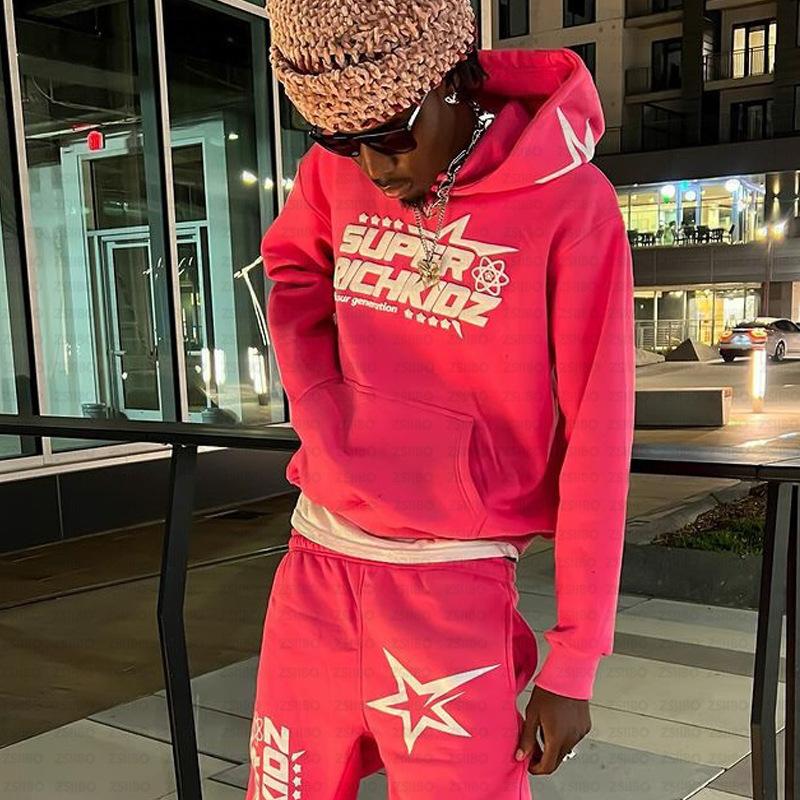 Top Trousers 2 Piece Set, Hip Hop Y2K Star Letters Printed Hoodie Men's and Women's European Hip Hop Sweatshirt Loose-Fitting Coat Top