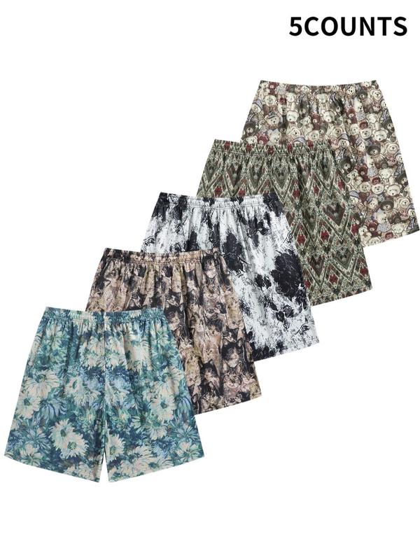 Men's All Over Floral Geometric Print Drawstring Waist Shorts, Regular Fit Casual Comfy Pocket Straight Leg Shorts for Summer, Men's Bottoms for Daily Wear