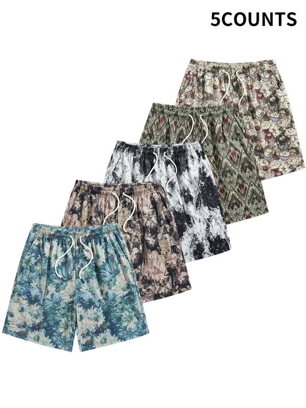 Men's All Over Floral Geometric Print Drawstring Waist Shorts, Regular Fit Casual Comfy Pocket Straight Leg Shorts for Summer, Men's Bottoms for Daily Wear