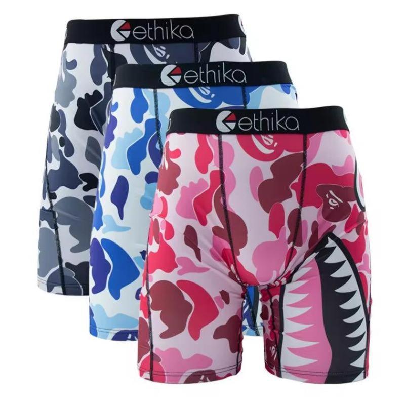 3 Pack Ethika New Men's Casual and Comfortable Underwear Sexy Printed Long Breathable Boxer Shorts Boy Fitness Cycling Shorts Boys' Lightweight Boys Sharks