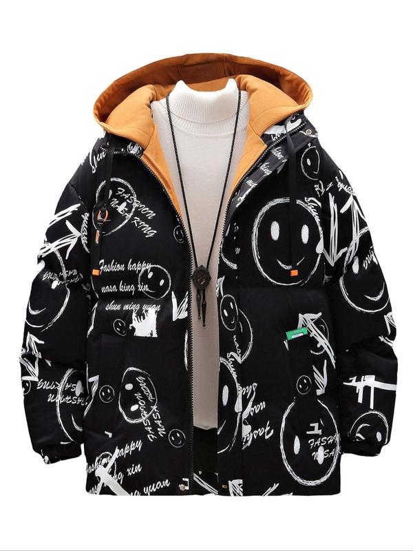 Men's Smile Face Print Drawstring Zip Up Hooded Jacket, Regular Fit Casual Pocket Long Sleeve Outerwear for Fall & Winter, Men's Clothes for Daily Wear