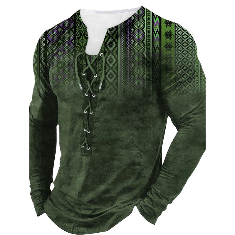 Bohemian Style Pattern Men's Vintage Long Sleeve Henley Tee, Spring Fall, Gift For Men