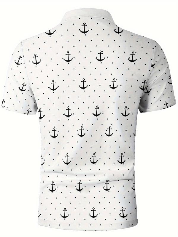 Men's All Over Polka Dot & Anchor Print Short Sleeve Polo Shirt, Regular Fit Casual Button Front Top for Summer, Fashion Men's Clothes for Daily Wear