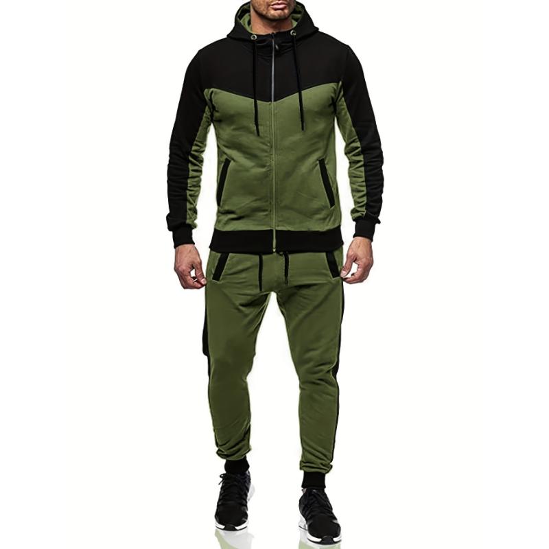 Mens 2-Piece Hooded Jacket & Sweatpants Set - Breathable, Zippered, Color-Block Design for Casual Spring Autumn Wear