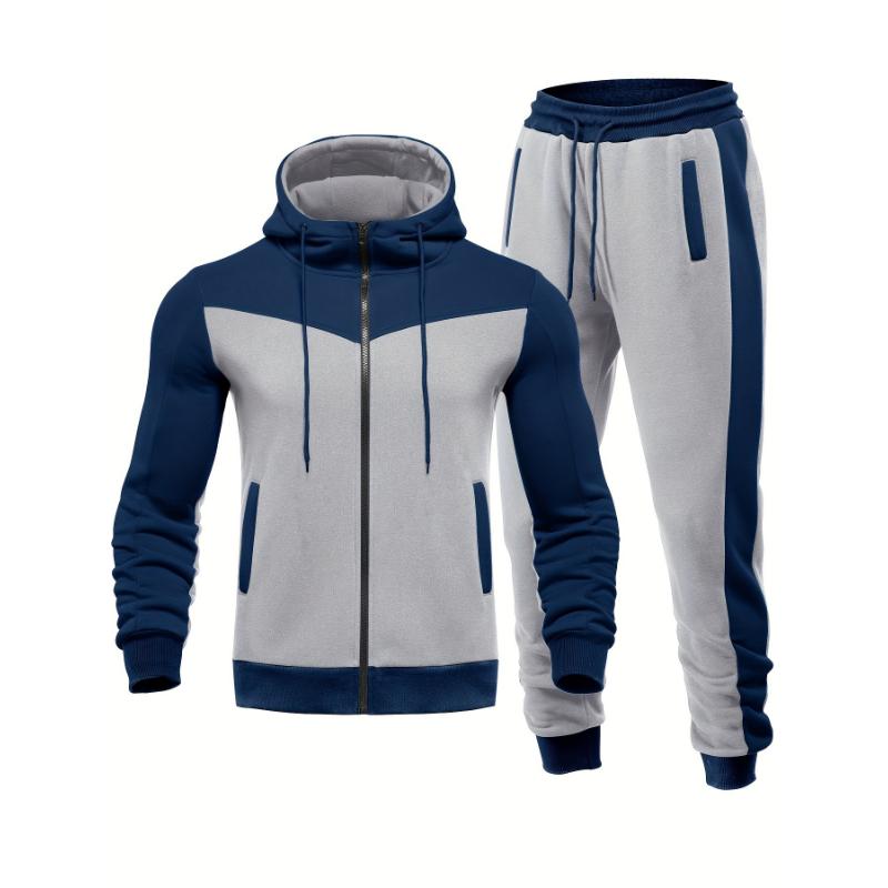 Mens 2-Piece Hooded Jacket & Sweatpants Set - Breathable, Zippered, Color-Block Design for Casual Spring Autumn Wear