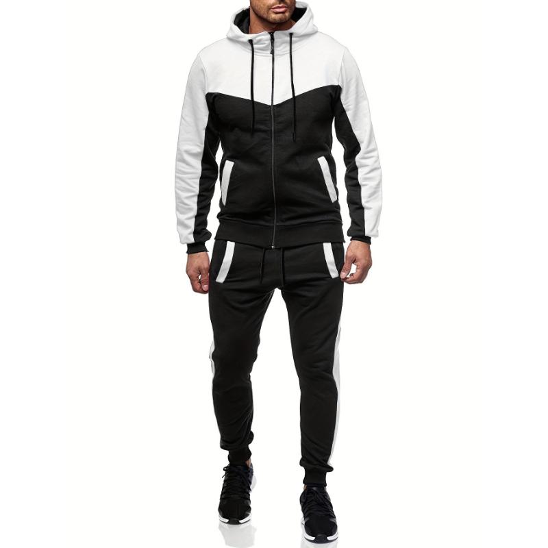 Mens 2-Piece Hooded Jacket & Sweatpants Set - Breathable, Zippered, Color-Block Design for Casual Spring Autumn Wear