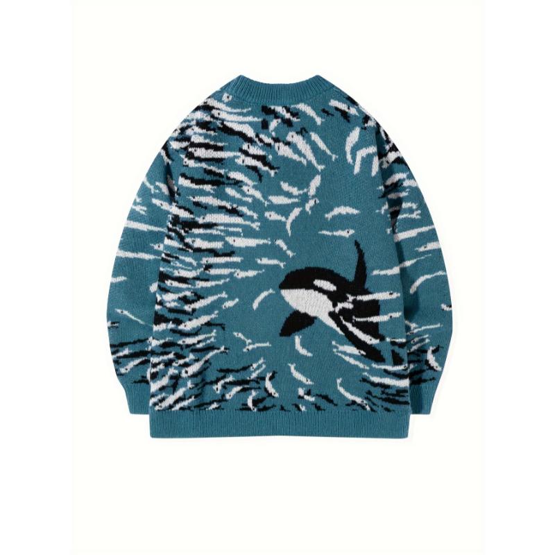 Men's Fish & Whale Pattern Knit Sweater For Autumn And Winter - Versatile Trendy Long Sleeve Knitted Pullover As Gift, Outdoor Cloth