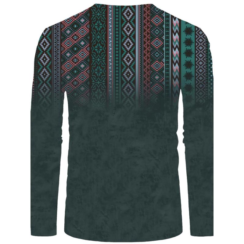 Bohemian Style Pattern Men's Vintage Long Sleeve Henley Tee, Spring Fall, Gift For Men