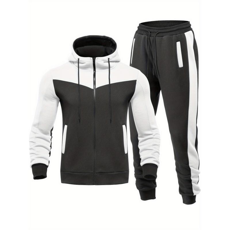 Mens 2-Piece Hooded Jacket & Sweatpants Set - Breathable, Zippered, Color-Block Design for Casual Spring Autumn Wear