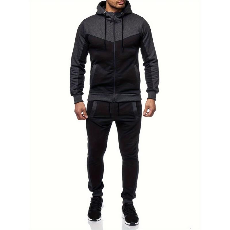 Mens 2-Piece Hooded Jacket & Sweatpants Set - Breathable, Zippered, Color-Block Design for Casual Spring Autumn Wear