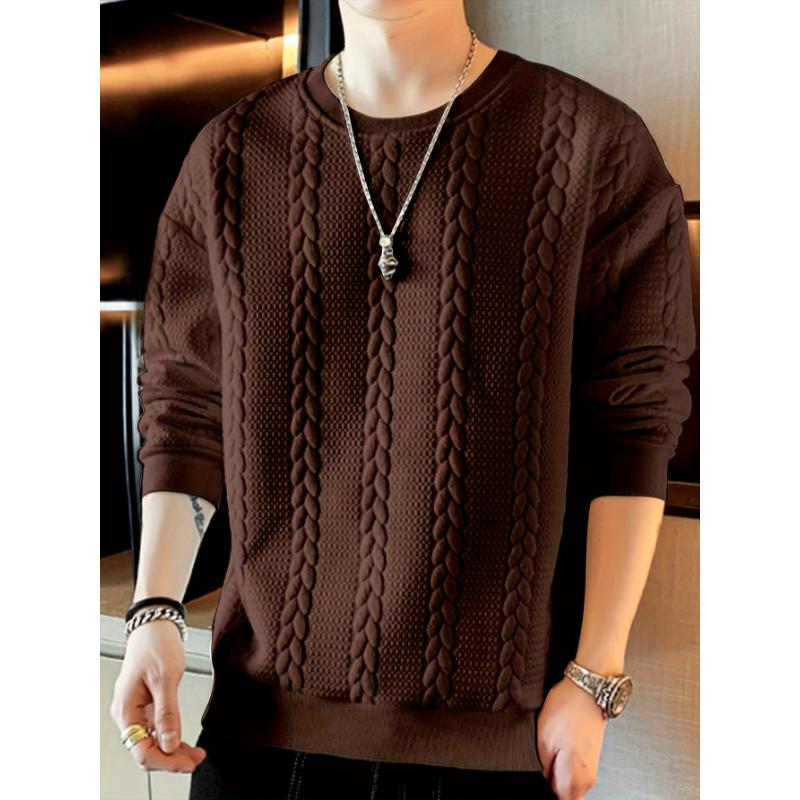 Autumn Winter Essential: Men's Solid Color Long Sleeve Cable Knit Sweatshirt, Regular Fit, Polyester Knitted Fabric, Casual Round Neck, Versatile Top for Everyday Wear