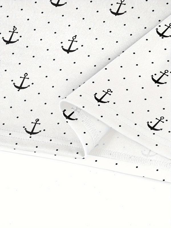 Men's All Over Polka Dot & Anchor Print Short Sleeve Polo Shirt, Regular Fit Casual Button Front Top for Summer, Fashion Men's Clothes for Daily Wear