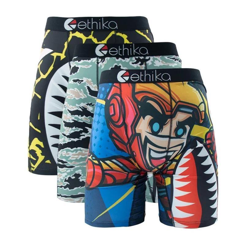 3 Pack Ethika New Men's Casual and Comfortable Underwear Sexy Printed Long Breathable Boxer Shorts Boy Fitness Cycling Shorts Boys' Lightweight Boys Sharks