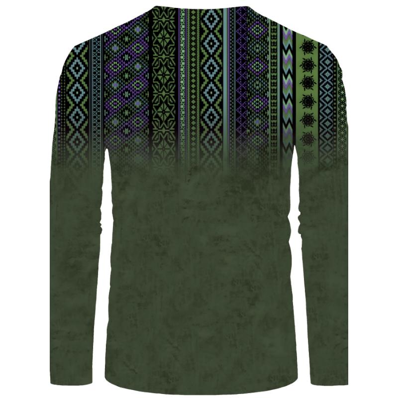 Bohemian Style Pattern Men's Vintage Long Sleeve Henley Tee, Spring Fall, Gift For Men