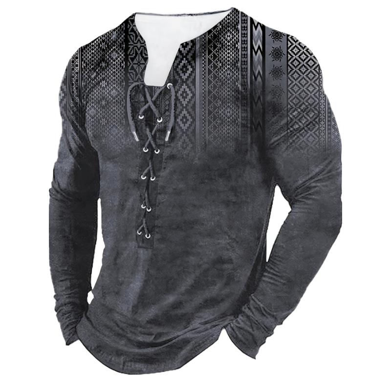 Bohemian Style Pattern Men's Vintage Long Sleeve Henley Tee, Spring Fall, Gift For Men