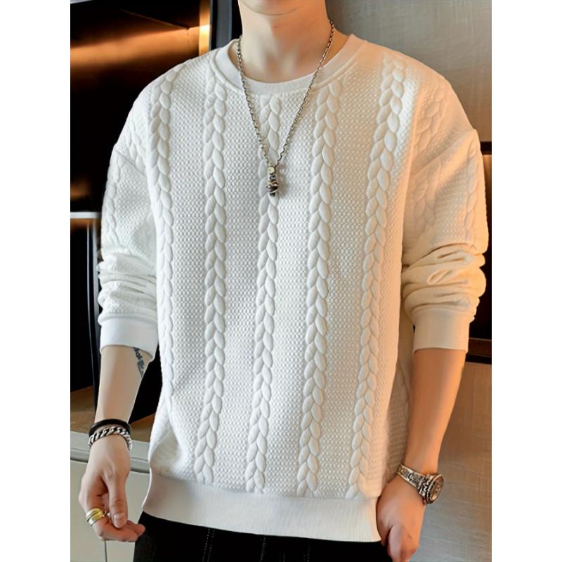 Autumn Winter Essential: Men's Solid Color Long Sleeve Cable Knit Sweatshirt, Regular Fit, Polyester Knitted Fabric, Casual Round Neck, Versatile Top for Everyday Wear