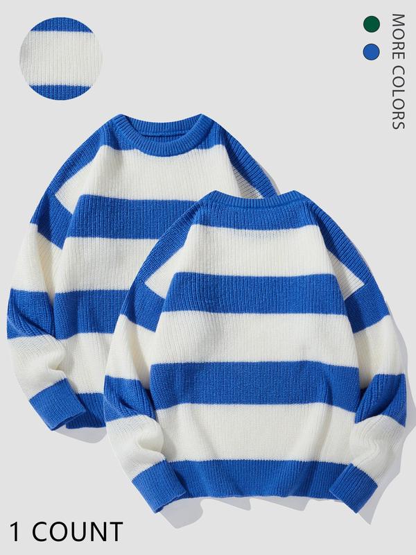 Men's Colorblock Striped Print Crew Neck Sweater, Loose Casual Soft Comfy Long Sleeve Jumper for Fall & Winter, Fashion Men's Knitwear for Daily Wear