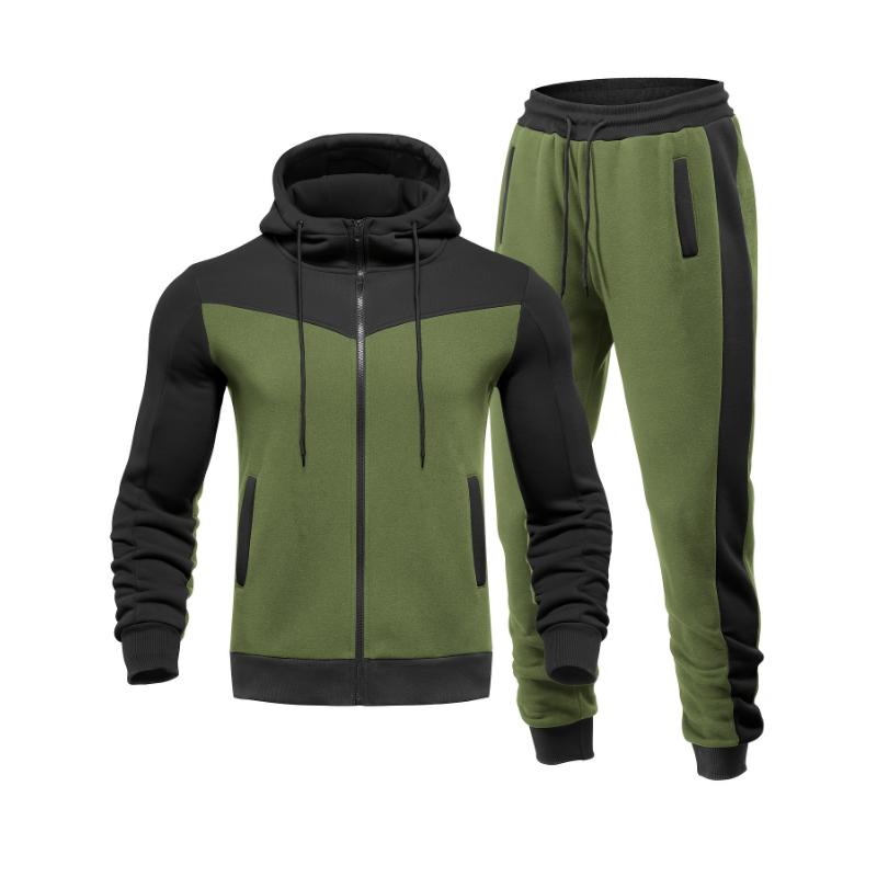 Mens 2-Piece Hooded Jacket & Sweatpants Set - Breathable, Zippered, Color-Block Design for Casual Spring Autumn Wear