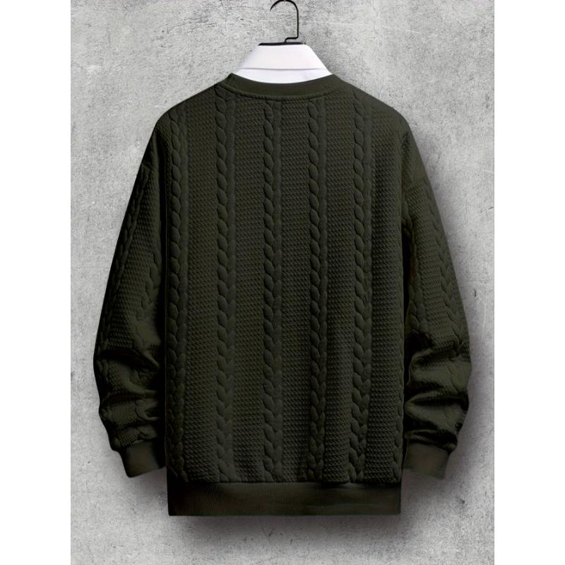 Autumn Winter Essential: Men's Solid Color Long Sleeve Cable Knit Sweatshirt, Regular Fit, Polyester Knitted Fabric, Casual Round Neck, Versatile Top for Everyday Wear