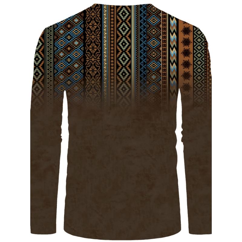 Bohemian Style Pattern Men's Vintage Long Sleeve Henley Tee, Spring Fall, Gift For Men